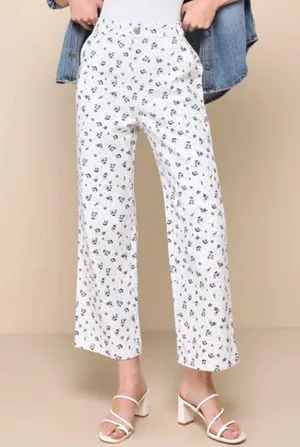 NWT Lulus Everyday Personality Ivory Floral Print Twill High Rise Pants thumbnail 2