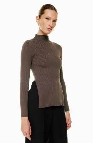 Babaton Aritzia Sweater Sz Xs Sculpt Knit Tie Open Back Ribbed Brown Mockneck​ thumbnail 1