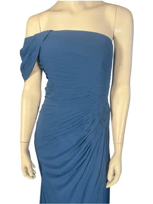 Ryanth Asymmetrical Off Shoulder Ruched Bodice Chiffon Evening Gown Blue 12 NWT thumbnail 1