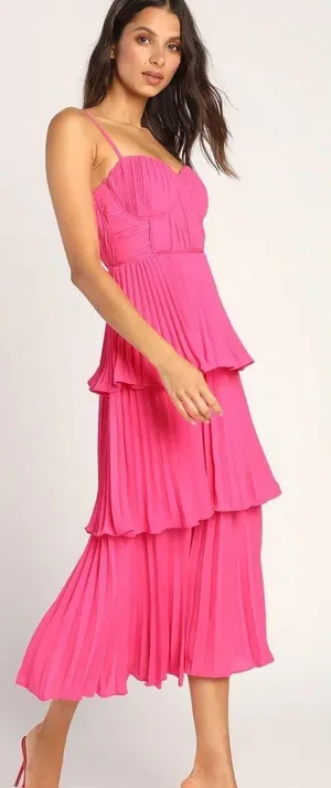 Lulus Hot Pink Tiered Midi Dress thumbnail 2