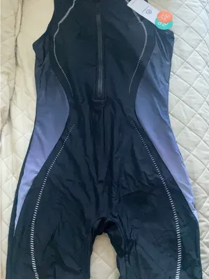 Women's Black One-Piece Front-Zip Swim Suit with Blue Side Panels thumbnail 5