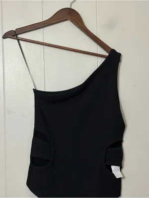 Abercrombie & Fitch One Shoulder Ribbed Bodysuit Black Cutout Sz L Soft Seamless thumbnail 2