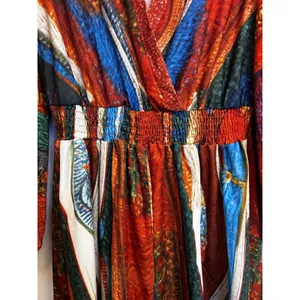 Women’s L Multicolor Abstract V-Neck Smocked Waist 3/4 Balloon Sleeve Maxi thumbnail 4