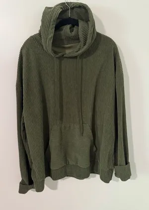 Olive Green Corduroy Oversized Pullover Hoodie with Pocket thumbnail 1