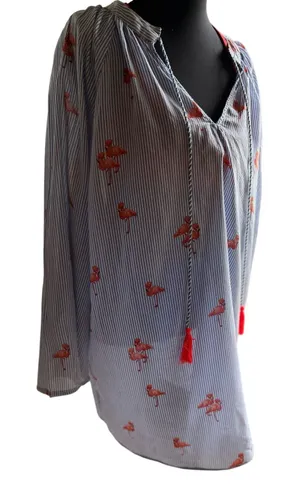 Violet Sky Flamingo Embroidered Tunic Blouse Small Blue White Stripe Cotton Boho thumbnail 1