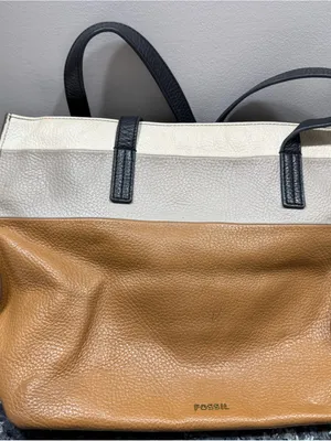 Fossil Tri-Panel Leather Tote in Tan, Cream & Gray with Black Straps thumbnail 3