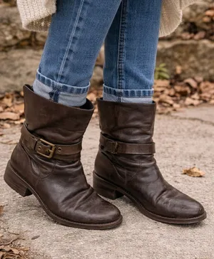 Coach‎ Brown Leather Ankle Boots Buckle Strap Moto Slouchy Festival Size 6.5B thumbnail 1