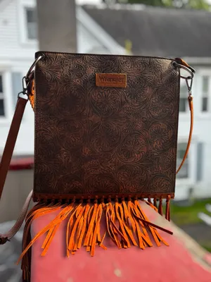 Wrangler Womens Floral Embossed Fringe Adjustable Strap Brown Hobo Crossbody Bag thumbnail 12