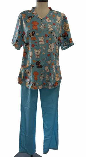 Women's NEW Animal Print Top Blue Botton Scrubs Size L #260776 thumbnail 1