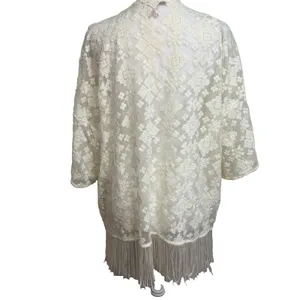 Forever 21 Sheer Kimono Cardigan Size‎ S Ivory Embroidered Fringe Boho Festival thumbnail 2