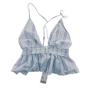 Urban Outfitters -1851 NWT Out From Under Blue Striped‎ Cami Crop Top Smocked Ruffle Hem Small thumbnail 2