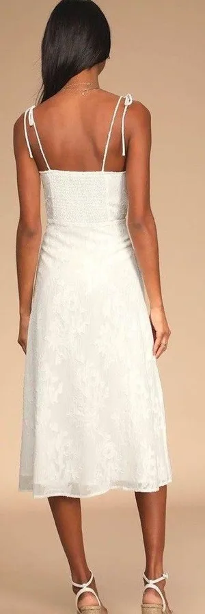 Lulus Loveliest Looks White Floral Jacquard Tie-Strap Midi Dress Medium Bridal thumbnail 2