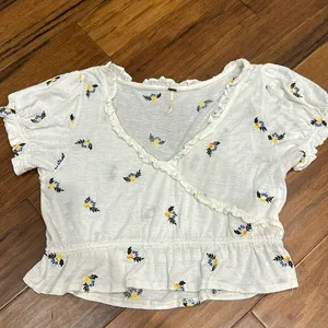 Free people ecru combo floral sequin embroidered cropped ruffle blouse thumbnail 1