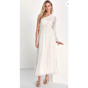 Lulus‎ One Shoulder White & Gold Polka Dot Maxi Dress Grecian Goddess Size S thumbnail 5