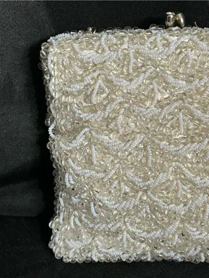 Ivory Beaded Evening Shoulder Hand Bag with Chain Strap Rhinestone Accent thumbnail 6