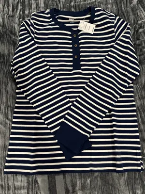 Striped Navy and White Long Sleeve Pj Top by Lands End Size M thumbnail 1