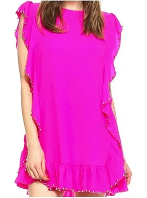 Hope Isabella Dress Womens Large Pink Ruffle‎ Studded Mini Shift Party Summer thumbnail 1
