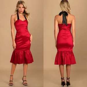 NWT Lulus Bursting With Beauty Halter Trumpet Midi Dress‎ in Berry Red Size M thumbnail 2