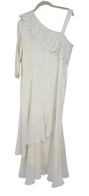 Vintage JSong White 100% Linen One Shoulder Embroidered Leaf‎ Maxi Dress 8 thumbnail 1