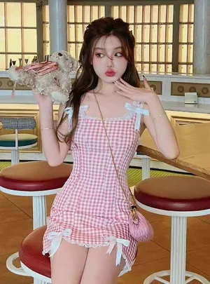 Japanese Kawaii Summer Red White Plaid Lace Ribbon Bow Y2K One Piece Mini Dress thumbnail 7