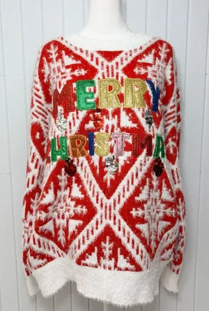 HOLIDAY TIME Red "Merry Christmas" Christmas Ugly‎ Sweater Size L NEW thumbnail 1