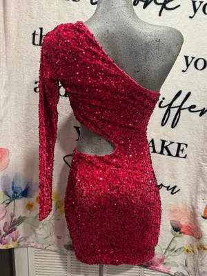 Sexy Sequined Off Shoulder Party Mini Dress Pink Size XS thumbnail 6