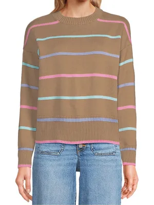 Lands End Women's Drifter Easy Fit Sweater Honey Beige Multi Stripe Large Cotton thumbnail 1