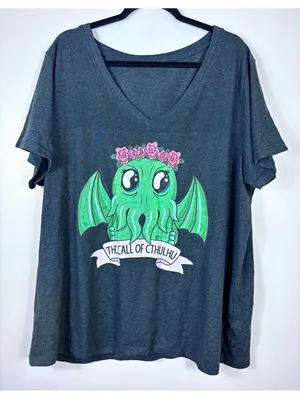 Unisex Gray V-Neck Short Sleeve “The Call of Cthulhu” Graphic Tee Sz 3 thumbnail 1