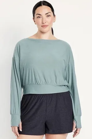 Old Navy Active Cloud94 Boat Neck Crop Top S Go-Dry Foggy Dew Thumbhole Athletic thumbnail 1