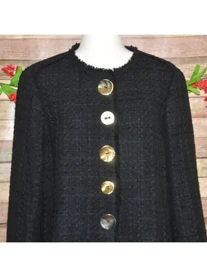 Zara Woman Black Tweed Boucle Long Jacket Coat Size L Gold Statement Buttons thumbnail 3