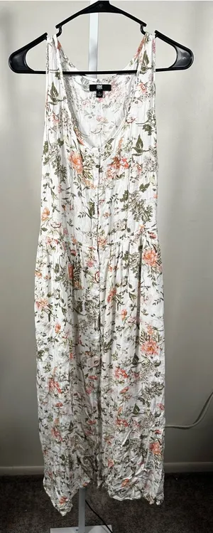 60. Frye Floral Print Maxi Dress in White, Peach & Olive thumbnail 1