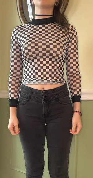 SHEIN checkered sheer 3/4 sleeve top thumbnail 1