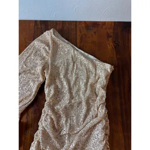 Champagne Gold Sequin One Shoulder Mini Dress Ruched‎ Balloon Sleeve Small thumbnail 6