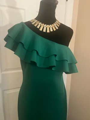 Green ruffle elegant cocktail wedding guest dress thumbnail 2