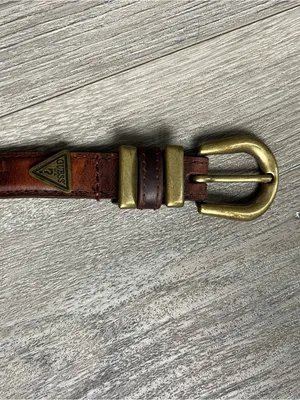Vintage Guess Brown Genuine Leather Belt Brass Buckle Logo Size Medium thumbnail 5