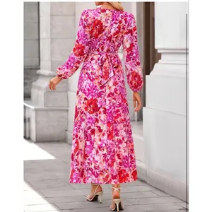 NEW Pink Floral Long Sleeve V Neck Belted Flowy Midi Dress S thumbnail 2