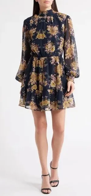 LOST + WANDER Floral Long Sleeve Navy Dress size large thumbnail 1