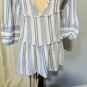 Blue Island‎ Women Boho Swim Cover Up Blue/White/Stripe Long Bell Sleeve Sz S thumbnail 6