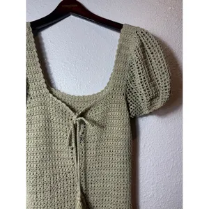 Source Unknown Sage Green Crochet Mini Dress Puff Sleeve Tie Front Boho Size S thumbnail 6