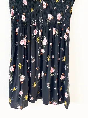 Free People Greatest Day Black Floral Smocked Boho Button Front Mini Dress thumbnail 6