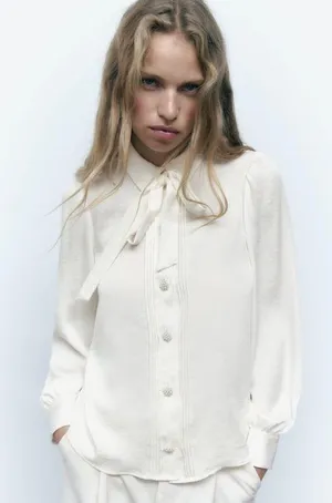 ZARA blouse shirt top satin effect jewel button neck bow thumbnail 3
