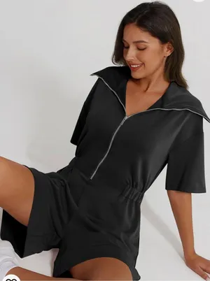 Short Sleeve Rompers Loose Half Zip One Piece Short Overalls Jumpsuit with Pockets Fall Outfits thumbnail 1
