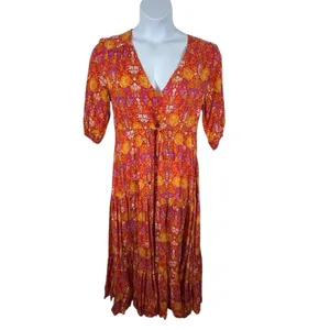 Floral Prairie Maxi Dress Small Boho Festival Cottagecore Orange Pink Romance thumbnail 3