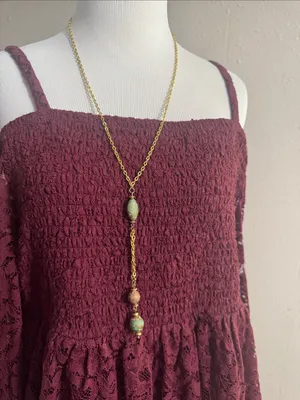 Vintage Gold-Tone Long Pendant Necklace with Turquoise Beads - Women Jewelry thumbnail 2