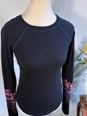 Free People Mixed Up Cuff Thermal Top Waffle Knit Boho Pattern Knit Cuff Sz S🧡 thumbnail 5