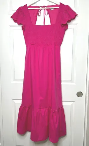 Jason Wu Smocked Eyelet Open Back Midi Dress‎ Large Hot Pink thumbnail 1