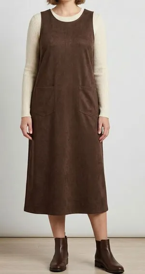 Vintage Jumper Overall Dress 14 Faux Suede Midi 90s Brown Cottagecore Granola thumbnail 1