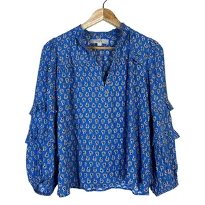 LOFT Paisley Print Split Neck Blouse Blue Boho Tiered Ruffle Sleeve Size XSP thumbnail 1