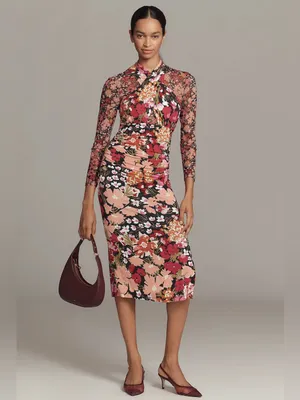 Anthropologie Halter High Neck Mesh Floral Ruched Midi Dress NWT XS thumbnail 3
