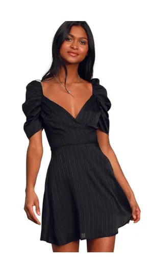 Lulus Dance After Dark Black Satin Striped Skater Dress Sweetheart Size Small thumbnail 1